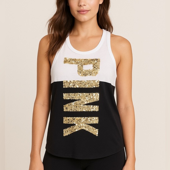 PINK Victoria's Secret Sequin Black and White  Tank Top - Picture 1 of 6